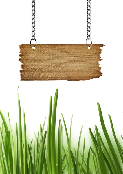 Drewno znak z trawy na białym tle na białym tle — Zdjęcie stockowe