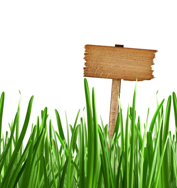 Holzschild mit Gras isoliert auf weißem Hintergrund — Stockfoto