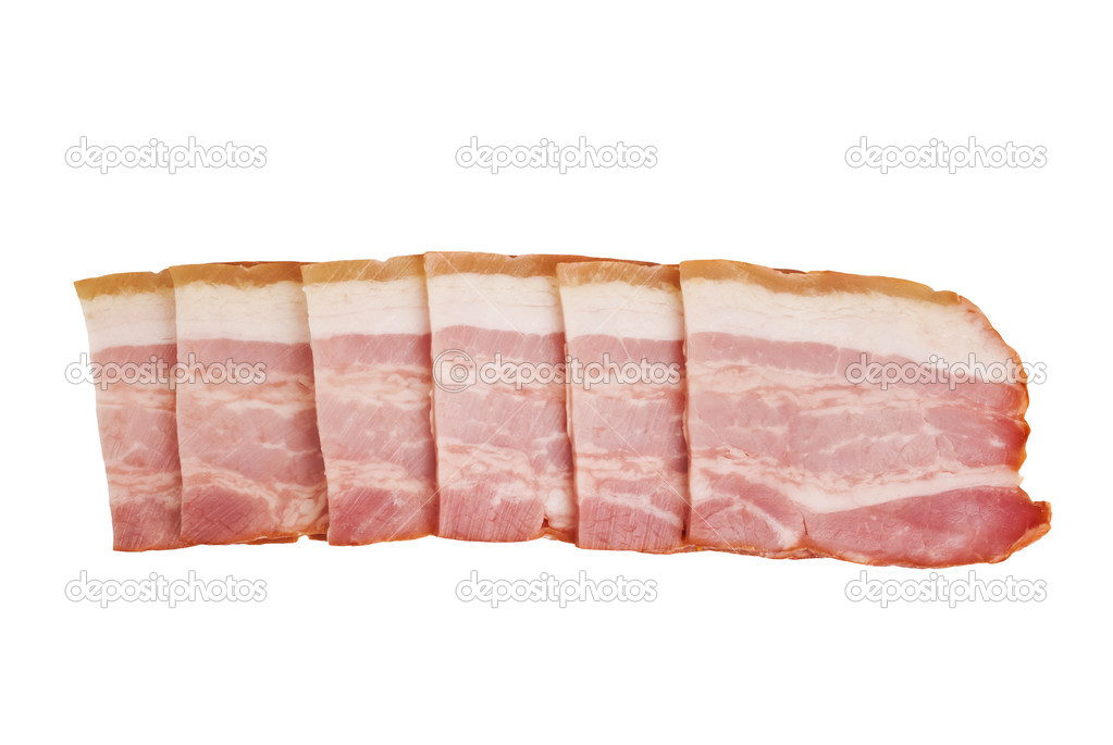 Pile of raw uncooked Sliced bacon isolated against white background