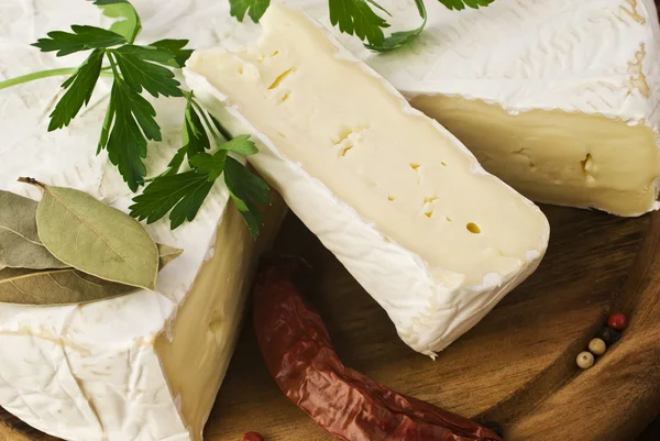 Camembert cheese slice macro shot. Shallow DOF — Stock Photo, Image