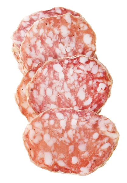 Salame fatiado isolado em branco — Fotografia de Stock