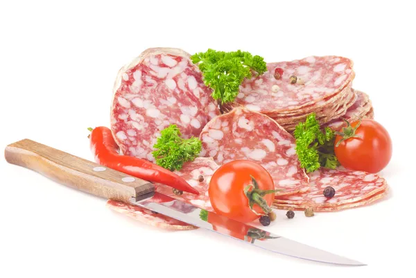 Italian salami with knife — Stock Photo, Image