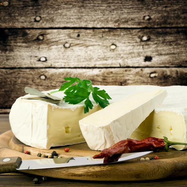 Fatia de queijo camembert macro shot. DOF superficial — Fotografia de Stock