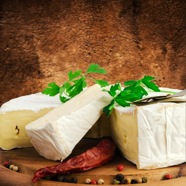 Camembert cheese slice macro shot. Shallow DOF — Stock Photo, Image