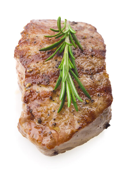 Grilled beef steak with rosemary isolated on white background