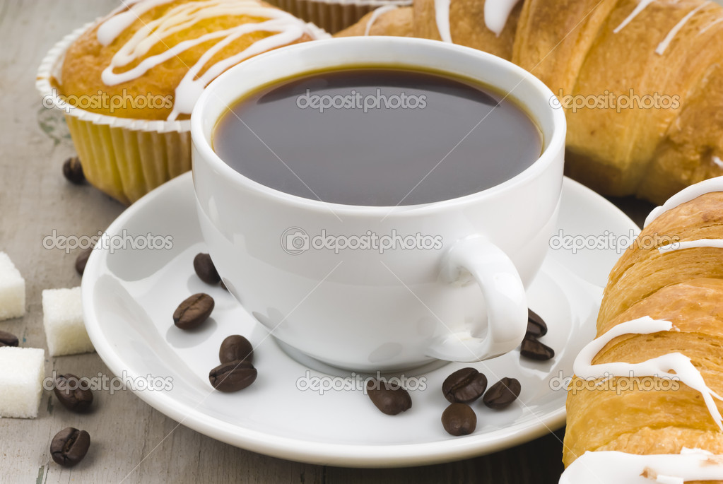 Coffee with muffins and croissants