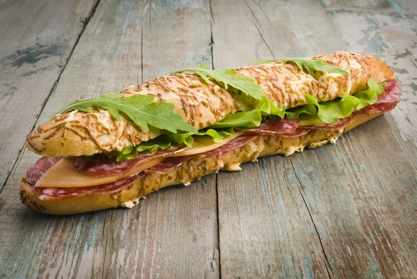 Long sandwich with salami — Stock Photo, Image