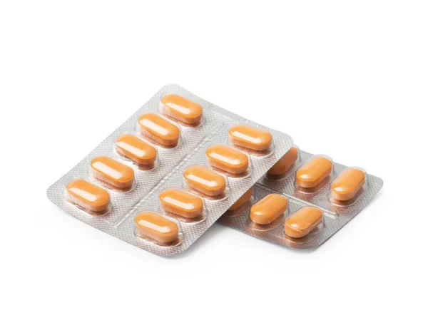 Oranje Pillen Pack Geïsoleerd Witte Achtergrond — Stockfoto