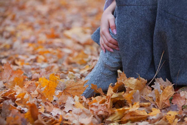 Осень в парке. Молодая девушка в сером пальто и вязаных носках сидит в осеннем парке. Теплая одежда. Желтые осенние листья. Неузнаваемый человек. Принято. Размытый фон. — стоковое фото