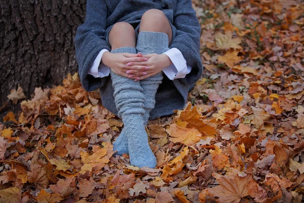 Девушка обняла колени руками. Девушка в сером пальто и вязаных носках сидит в осеннем парке. Теплая одежда. Желтые осенние листья. Неузнаваемый человек. Принято. Размытый — стоковое фото