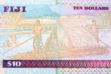 Family in boat constructed of reeds with thatched roof shelter from Fijian money