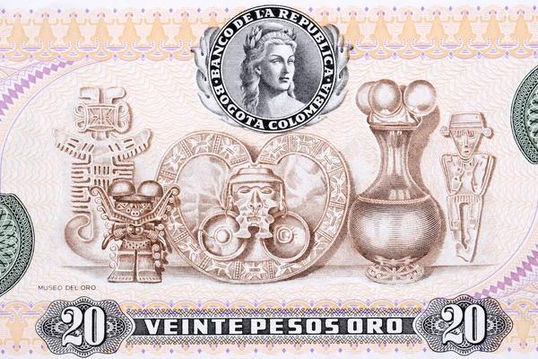 Varios Objetos Arqueológicos Pertenecientes Museo Del Oro Del Dinero Colombiano — Foto de Stock