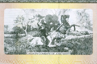Jose Marti 'nin Küba parasıyla Dos Rios Muharebesi' nde bir atın üstünde öldürülmesi.