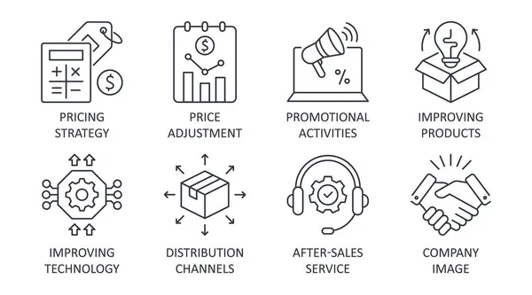 Піктограми Проникнення Ринок Підходящий Інсульт Векторний Набір Ліній Стратегія Ціноутворення — стоковий вектор