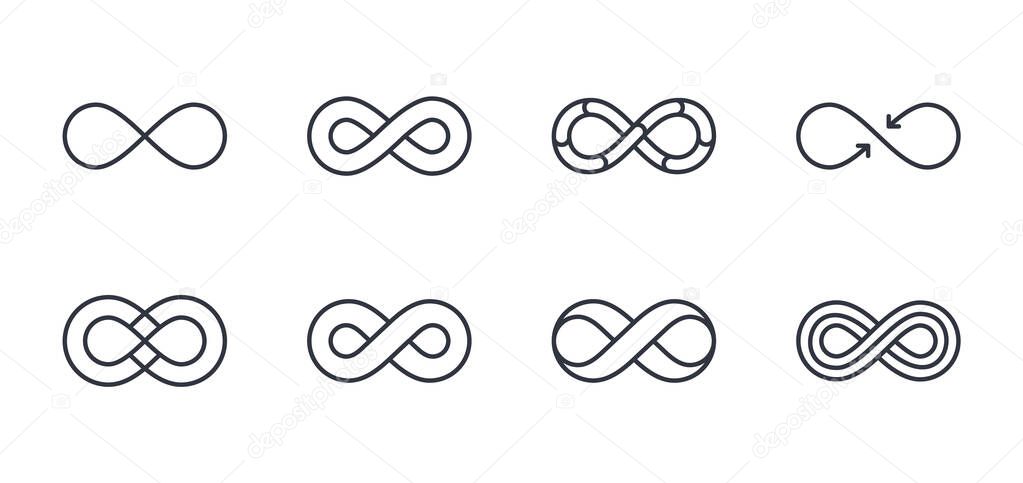 Vector infinity icons. Editable stroke. The symbol of the unlimited in mathematics, space. Set of different lines of shapes. Black geometric elements on a white background. Stock thin illustration.