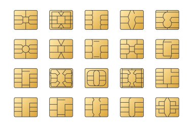 EMV çip altın vektör simgeleri. Düzenlenebilir felç. Satır nfc sembolünü ayarla. Terminallerde ve ATM 'lerde kesintisiz ödeme. Kredi kartı için kare bilgisayar çipleri. Stok illüstrasyonu.