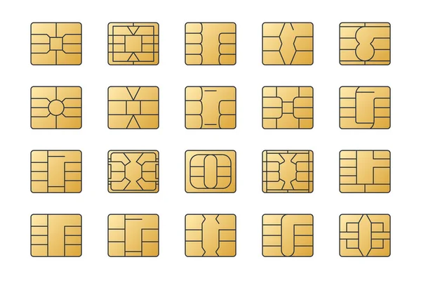 EMV çip altın vektör simgeleri. Düzenlenebilir felç. Satır nfc sembolünü ayarla. Terminallerde ve ATM 'lerde kesintisiz ödeme. Kredi kartı için kare bilgisayar çipleri. Stok illüstrasyonu.