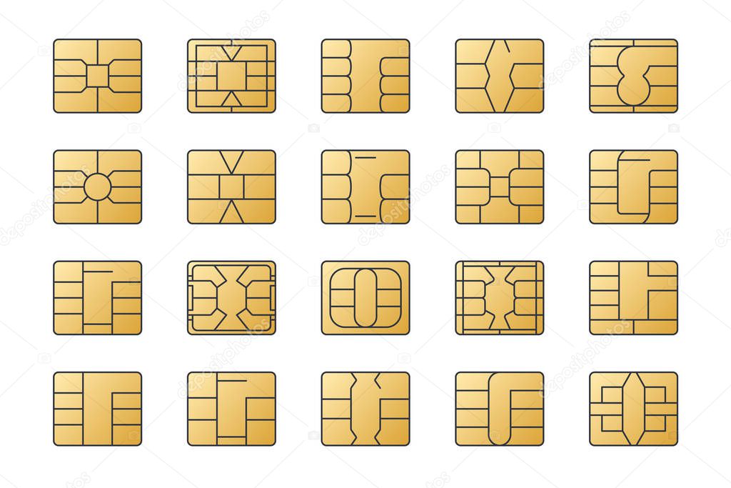 EMV chip gold vector icons. Editable stroke. Set line nfc symbol. Contactless payment at terminals and ATMs. Square computer microchips for credit debit cards. Stock illustration.
