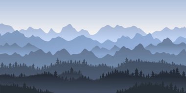 Dağların silüet görünümünün soyut çizimi. Dağları ve ağaçları olan vektör grafik manzara. Mavi sisli sabah panoramik. Dağların siluetleri Şafak vakti gökyüzüne karşı bitkiler.