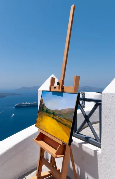 Målad Ett Staffli Terrass Santorini Grekland Bakgrunden Egeiska Havet Och — Stockfoto