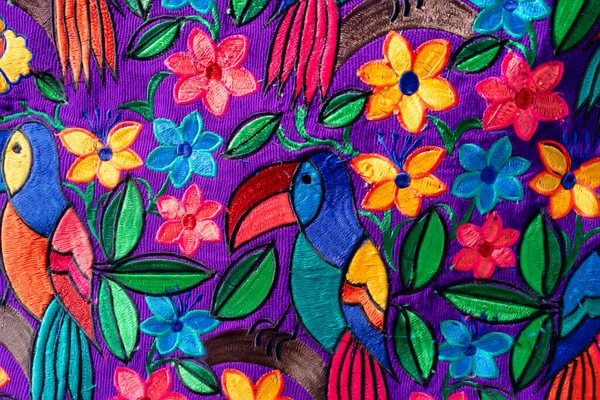 Tissu Coloré Sac Chiapas Mexique Oiseau Toucan Fleurs Différentes Couleurs — Photo