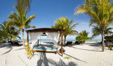 Meksika 'daki Holbox Adası' ndaki beyaz kumsalda çardağı, şezlongları ve tropikal palmiyeleri olan panoramik bir sahil manzarası