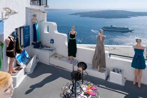 Panoramic view of a sea view terrace with mannequins in Greece on a summer day