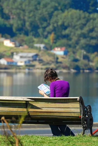 Rear View Woman Sitting Outdoor Bench Reading Tourist Map Chile — Stock Photo, Image