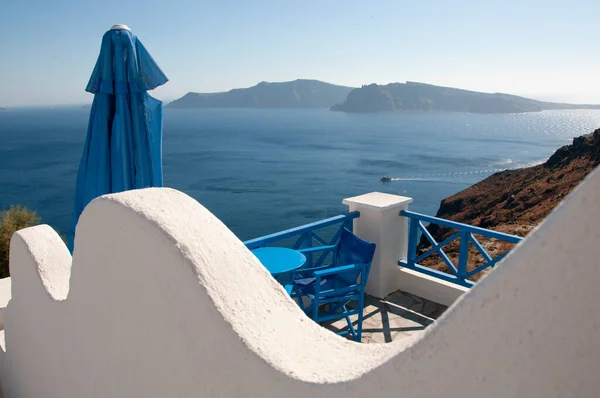 Terrasse Avec Vue Panoramique Sur Mer Caldeira Île Santorin Dans — Photo