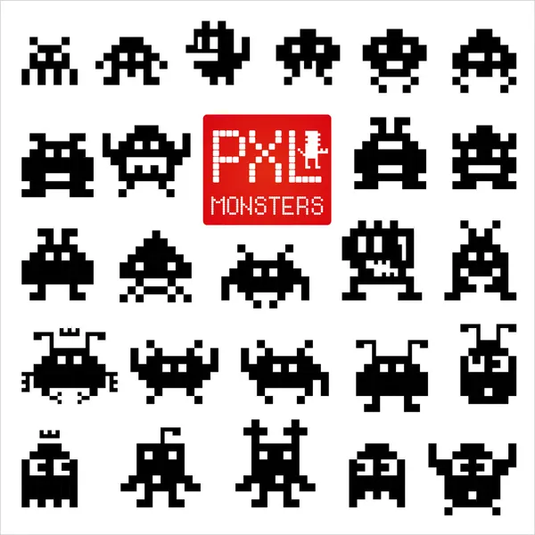 Verzameling van vrolijke en vriendelijke pixel monsters. — Stockvector