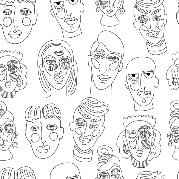 Moderne abstrakte Gesichter. Zeitgenössisches Frauenporträt. Handgezeichnete Umrisse trendige Illustration. Kontinuierliche Linie, minimalistisches Konzept. Nahtloses Muster. — Stockvektor