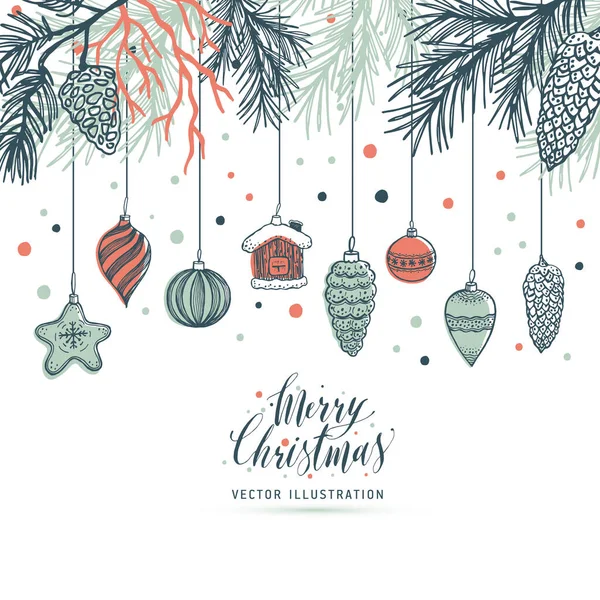Kézzel rajzolt karácsonyfa golyókkal, játékokkal és fenyőtobozzal, karácsonyfához. Vektor illusztráció fehér háttér. — Stock Vector
