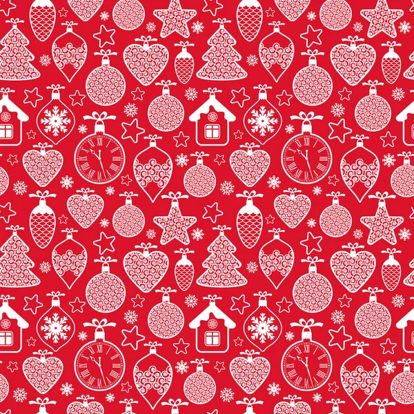 Hermoso diseño de Navidad patrón sin costuras con juguetes de Navidad, bolas, copos de nieve y estrellas sobre fondo rojo. Patrón de superficie geométrica gráfica. — Archivo Imágenes Vectoriales