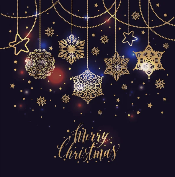 Καλά Χριστούγεννα και Πρωτοχρονιά φόντο για τις διακοπές ευχετήρια κάρτα, πρόσκληση, φυλλάδιο κόμμα, αφίσα, πανό. Χρυσό αστέρι, νιφάδες χιονιού, κομφετί σε σκούρο βιολετί φόντο. — Διανυσματικό Αρχείο