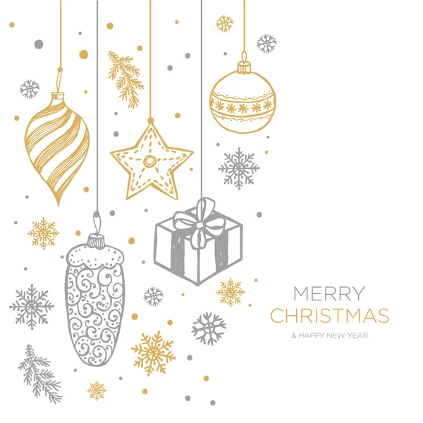 Ručně kreslený vánoční kožešinový strom s kuličkami, hračkami a jedlovým kuželem, pro vánoční design ve zlatě a stříbře. Vektorová ilustrace na bílém pozadí. — Stockový vektor