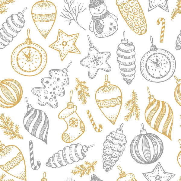 Hand drawn Christmas seamless pattern. Fur tree with balls, toys and fir-cone, for xmas design in gold and silver. Vector surface design on white background. — Stock Vector