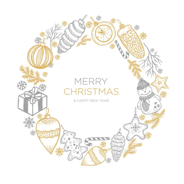Met de hand getekende kerstkrans bonte boom met ballen, speelgoed en dennenappel, voor kerst design in goud en zilver. Vector illustratie op witte achtergrond. — Stockvector