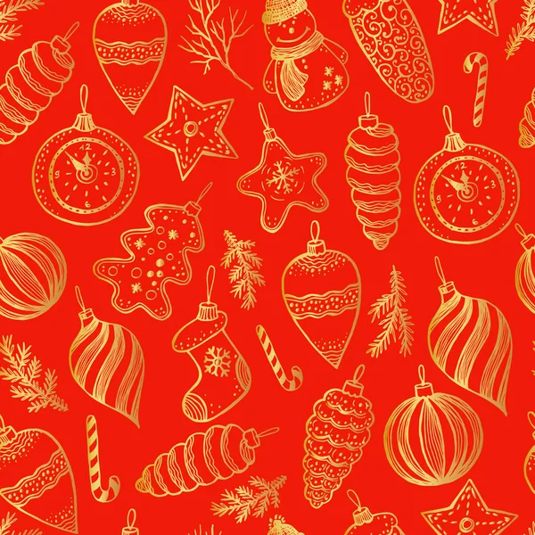 Christmas and New year seamless pattern on red with balls, toys and fir-cone, for xmas design in gold. Vector surface design on red background. — Stock Vector