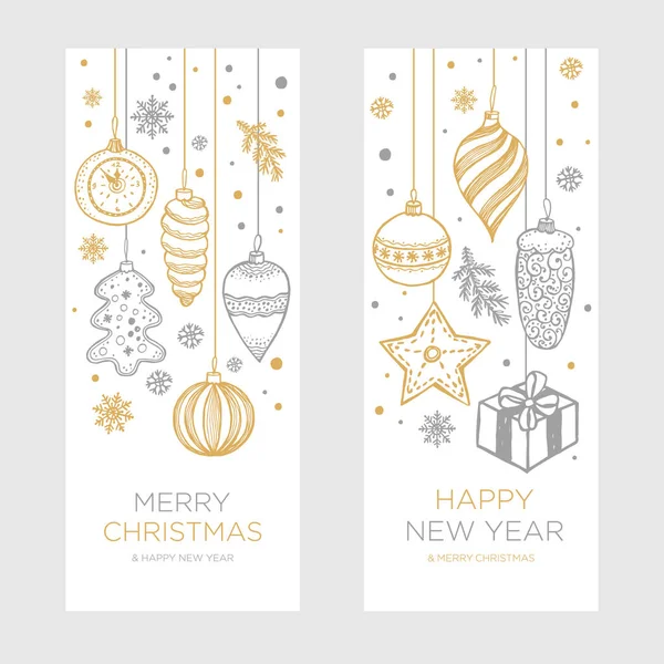 Christmas an New Year Banner retro dibujado a mano con bolas, juguetes y copos de nieve, para el diseño de Navidad en estilo retro dorado y plateado. Ilustración vectorial sobre fondo blanco. — Archivo Imágenes Vectoriales