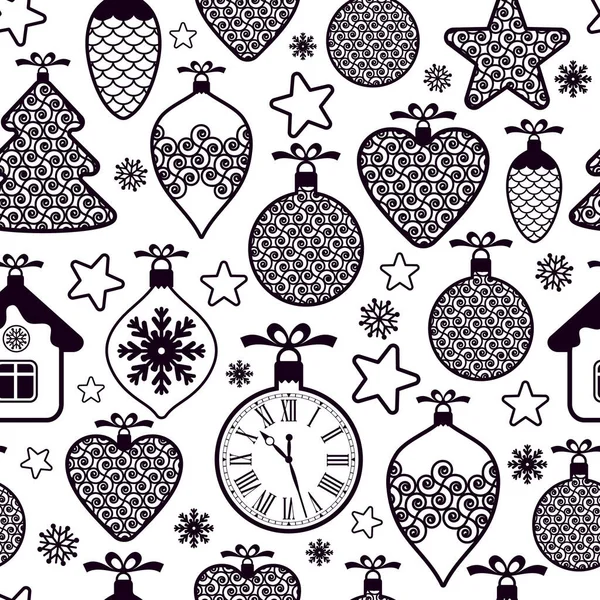 Beautiful design Christmas seamless pattern with xmas toys, balls, snowflakes and stars on white background. Graphic geometric surface pattern. — Stock Vector