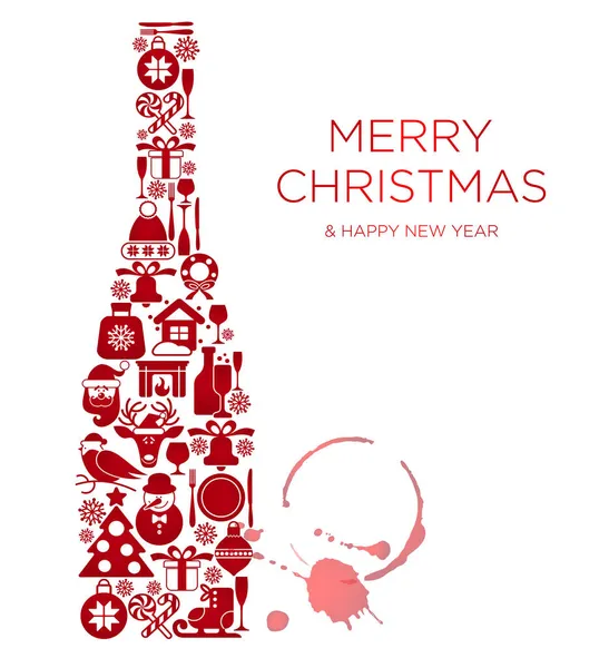 Happy New Year and Merry Christmas greeting card poster design with flat champagne bottle with christmas icon and place for your text message. Royalty Free Stock Vectors