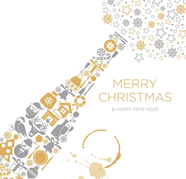 Happy New Year and Merry Christmas greeting card poster design with flat champagne bottle with christmas icon and place for your text message. Stock Illustration