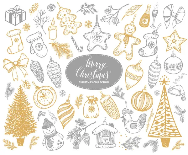 Frohe Weihnachten Ikonen gesetzt. Handgezeichnete Neujahrs-Kollektionen. Winter-Design-Doodle-Elemente in Gold und Silber. — Stockvektor