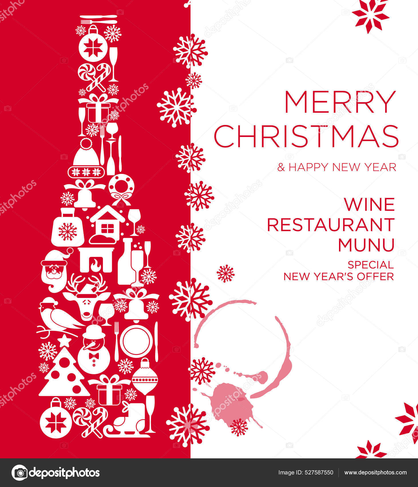 Feliz Ano Novo e Feliz Natal Restaurante Cartão de Menu projeto cartaz com  garrafa de champanhe plana com ícone de Natal e lugar para a sua mensagem  de texto. imagem vetorial de ©