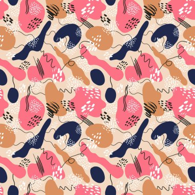 El çizimi dokuları olan soyut vektör arkaplanı, memphis tarzı. Evrensel kart, pastel renkler. Retro tasarım, moda sanatı.