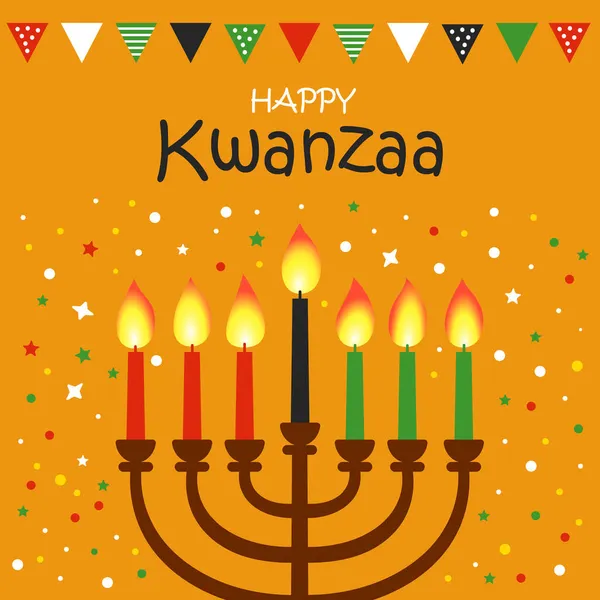 Happy Kwanzaa vector flat illustration on bright yellow background with confetti. African celebration cute design card. — Stock Vector