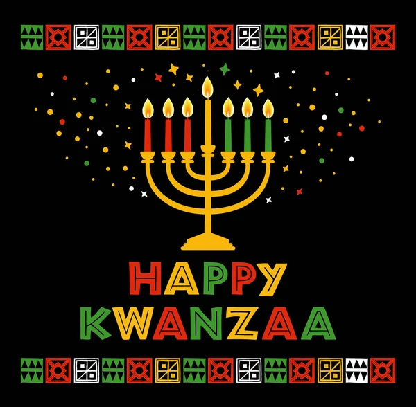 Εικονογράφηση διανύσματος του Kwanzaa. Διακοπές αφρικανικά σύμβολα με γράμματα, κεριά σε μαύρο φόντο. — Διανυσματικό Αρχείο