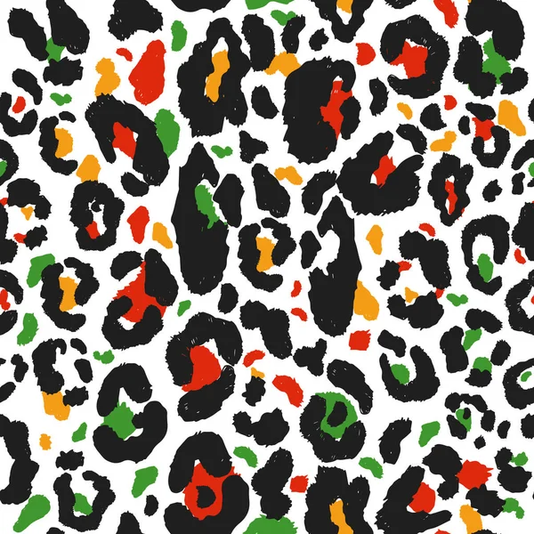 Vektornahtloses Kwanzaa-Muster mit farbigem Leopardenmuster. Animal print. Cheetah African Print auf weißem Hintergrund. — Stockvektor
