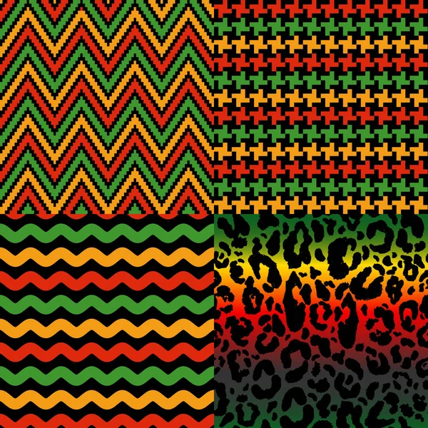 Vektor sömlös kwanzaa mönster set med färgade leopard tryck och geomerriska sömlösa mönster. Djurtryck. Cheetah afrikanska skriva ut på vit bakgrund. — Stock vektor