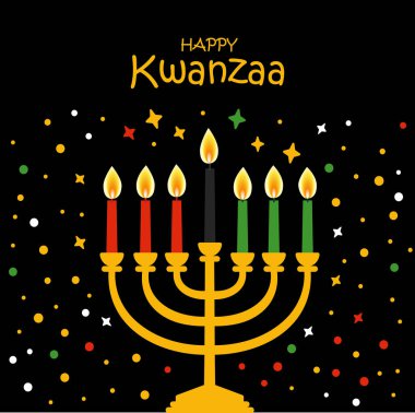 Kwanzaa 'nın konfetili siyah arkaplanlı düz çizimi kutlu olsun. Afrika kutlama şirin tasarım kartı.